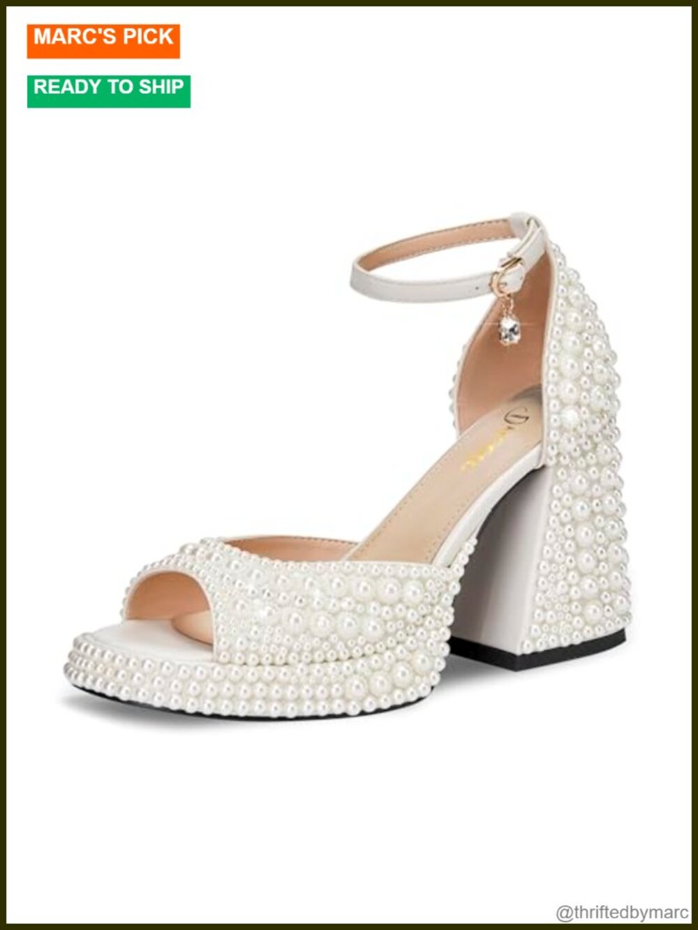 Women's Chunky Heel Pearl Sandals - Open Toe Platform PU Adjustable Straps